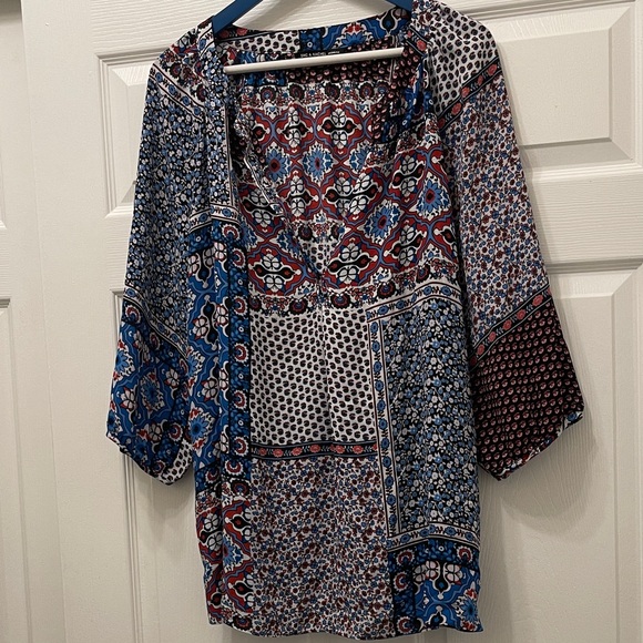 Zac & Rachel Tops - Zac & Rachel Multicolor Patchwork V-Neck Blouse — Blue, Red, White